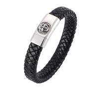 Aotiwe Bracciale in pelle da uomo, sottile, intrecciato, con testa di Buddha in acciaio, 18.5CM, Pelle, Senza Gemstone