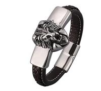 Aotiwe Bracciale in pelle da uomo, stile nordico, con testa di leone, in acciaio, regalo, 20.5CM, Pelle, Senza Gemstone