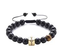 Aotiwe Braccialetto da uomo con lettere dell'alfabeto, base placcata in oro, 20.8cmx8mm, Placcato oro, Agata Occhio di tigre