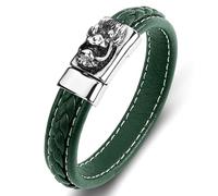 Aotiwe Braccialetto da uomo in pelle, con ciondoli a forma di testa di drago, con ornamenti in acciaio inox, 16.5CM, Verde, Nessuna pietra preziosa