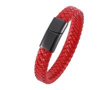 Aotiwe Braccialetto da uomo, in pelle, stile punk, semplice, con fibbia magnetica, corda intrecciata con ornamenti in acciaio inox, 18.5CM, Rosso, Nessuna pietra preziosa