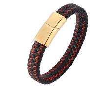 Aotiwe Braccialetto da uomo vintage, in pelle, stile punk, stile semplice, fibbia magnetica, corda intrecciata con ornamenti in acciaio inossidabile, 18.5CM, Nero Rosso, Nessuna pietra preziosa