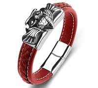 Aotiwe Braccialetto in pelle da uomo, semplice, per amici, gufo con ornamenti in acciaio inox, 18.5CM, Rosso, Nessuna pietra preziosa