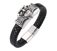Aotiwe Braccialetto in pelle intrecciata, da uomo, per adulti, con gufo intrecciato e ornamenti in acciaio inox, 20.5CM, Colore: nero, Nessuna pietra preziosa