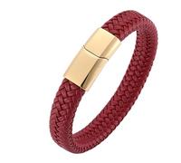 Aotiwe Braccialetto vintage da uomo, stile semplice, corda intrecciata in pelle con ornamenti in acciaio inox, 16.5CM, Rosso, Nessuna pietra preziosa