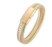 Aotiwe Braccialetto vintage da uomo, stile semplice, corda intrecciata in pelle con ornamenti in acciaio inox, 16.5CM, Oro, Nessuna pietra preziosa