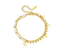Aotiwe Cavigliera da donna, cavigliera da donna, sottile, doppia catena con ciondolo a forma di luna e stella, in acciaio inox, 18 + 6,5 cm