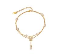 Aotiwe Cavigliera da donna in stile bohémien, con catena a doppio strato con perle e farfalle, in acciaio inox, 20 + 5 cm