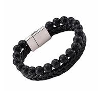 Aotiwe Set di bracciali da uomo con perle, bracciale da uomo a doppio strato, pietra lavica, pelle, magnete in acciaio inox, 21cmx8mm, Acciaio inossidabile, Roccia effusica