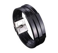 Aotiwe Set di bracciali da uomo, in pelle, a 3 strati, in acciaio, regalo per papà, 18.5CM, Pelle, Senza Gemstone