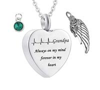 Aotiwe Set girocollo con ciondolo a forma di cuore con pietra portafortuna e ali d'angelo "Grandpa Always on My Mind Forever in My Heart", in acciaio inox, 2x2.5cm, Acciaio inossidabile, Zirconie