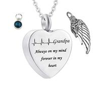 Aotiwe Set girocollo con ciondolo a forma di cuore con pietra portafortuna e ali d'angelo "Grandpa Always on My Mind Forever in My Heart", in acciaio inox, 2x2.5cm, Acciaio inossidabile, Zirconie