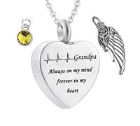 Aotiwe Set girocollo con ciondolo a forma di cuore con pietra portafortuna e ali d'angelo "Grandpa Always on My Mind Forever in My Heart", in acciaio inox, 2x2.5cm, Acciaio inossidabile, Zirconie
