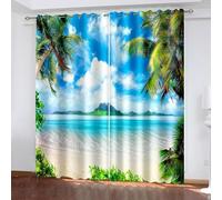 Aotiwe Tenda da cucina esterna, tenda per camera da letto oscura, blu, verde, beige, cielo, palme, paesaggio, poliestere, 2 pannelli, 274 x 183 cm