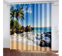 Aotiwe Tende da cucina graziose, stile bohémien, tende da cucina blu, verde, marrone, onde del mare, alberi di cocco, paesaggio sulla spiaggia, in poliestere, 2 pannelli, 203 x 137 cm