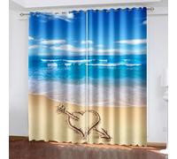 Aotiwe Tende decorative per porta laterale e finestra, blu, bianco, marrone, blu, cielo, mare e spiaggia, cuore, in poliestere, 2 pannelli, 426,7 x 228,6 cm