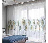 Aotiwe Tende in tulle, stile boho, bianco, verde, giallo, motivo foglie, in cotone, set da 2 pezzi, 102 W x 160 l cm