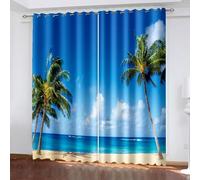 Aotiwe Tende lunghe fino al pavimento, graziose, tende da cucina, blu, verde, cielo, alberi di cocco, paesaggio marino, in poliestere, 2 pannelli, 487,7 x 274,3 cm