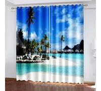 Aotiwe Tende per camera da letto, tenda da cucina non trasparente, blu, verde, grigio, mare, casa, in legno, palme, paesaggio poliestere, 2 pannelli, 304 x 229 cm