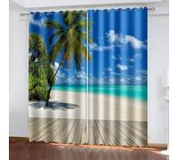 Aotiwe Tende per il bagno, Tende Boemia Blu Verde Beige Tavola di Legno Palma Paesaggio Mare Poliestere 2 Pannelli 264,2 x 228,6 cm