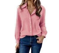 Aottori Camicia Quadri Donna Maniche Lunghe Cotone Camicie Elegante con Bottoni Scollo a V Maglietta Casual Classic Country Rosa L
