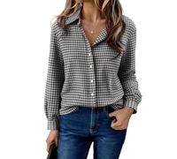 Aottori Camicie Donna Quadri Cotone Blusa Maniche Lunghe Scollo a V Button Down Camicie Casual Elegante Classica Country Camicetta Nero XL