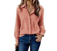 Aottori Camicie Donna Quadri Cotone Blusa Maniche Lunghe Scollo a V Button Down Camicie Casual Elegante Classica Country Camicetta Rosso XL