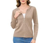 Aottori Cardigan Donna Manica Lunga Giacca in Maglia Elegante Golfino con Cerniera e Cappuccio Tinta Unita Maglione Aperto Autunno Cachi S