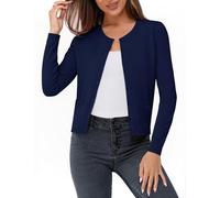 Aottori Cardigan Donna Maniche Lunghe Girocollo Bottoni Giacca Corto Elegante in Maglia Maglione Jersey Leggero con Tasche Maglieria Aperto Davanti Casual Inverno Blu Marino L