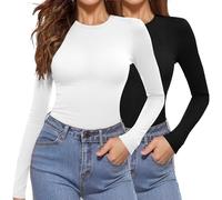 Aottori Confezione da 2 Maglia Basic Donna Cotone Maglietta Caldo Girocollo Manica Lunga Sottogiacca Elegante Termico Top Intima Elasticizzato Nero+Bianco L