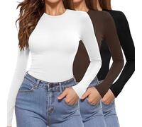 Aottori Confezione da 3 Maglia Termico Donna Maglietta Scollo Rotondo Manica Lunga Sottogiacca Aderente Invernale Basic Tops Elegante Nero+Bianco+Marrone L