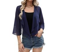 Aottori Coprispalle Donna Chiffon Elegante Bolero Maniche 3/4 Cardigan Estivo Corto Giacca Trasparente Leggero per Cerimonia Festiva Blu Navy L