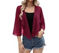 Aottori Coprispalle Donna Chiffon Elegante Bolero Maniche 3/4 Cardigan Estivo Corto Giacca Trasparente Leggero per Cerimonia Festiva Vino Rosso S
