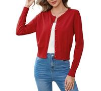 Aottori Coprispalle Donna Elegante Cardigan Corto Button Down Bolero a Maglia Girocollo Maglione Open Front Giacca Leggero Manica Lunga Rosso L