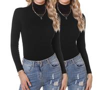 Aottori Dolcevita Donna Cotone Pacco da 2 Maglia Termico Collo Alto Magliette Maniche Lunghe Lupetto Basic Elasticizzato Intimo Leggero Primavera Nero+Nero S