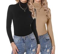 Aottori Dolcevita Donna Cotone Pacco da 2 Maglia Termico Collo Alto Magliette Maniche Lunghe Lupetto Basic Elasticizzato Intimo Leggero Primavera Nero+Cachi M