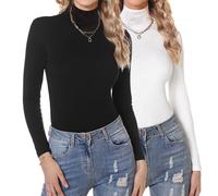 Aottori Lupetto Donna Cotone Pacco da 2 Maglia Caldo Collo Alto Dolcevita Manica Lunga Elegante Maglietta Intima Elasticizzato Sottogiacca Termico Leggero Nero+Bianco XXL
