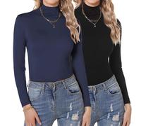 Aottori Lupetto Donna Cotone Pacco da 2 Maglia Caldo Collo Alto Dolcevita Manica Lunga Elegante Maglietta Intima Elasticizzato Sottogiacca Termico Leggero Nero+Blu Scuro XXL