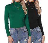 Aottori Lupetto Donna Cotone Pacco da 2 Maglia Caldo Collo Alto Dolcevita Manica Lunga Elegante Maglietta Intima Elasticizzato Sottogiacca Termico Leggero Nero+Verde S
