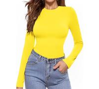 Aottori Maglia Basic Donna Cotone Maglietta Caldo Girocollo Manica Lunga Sottogiacca Elegante Termico Top Intima Elasticizzato Giallo S