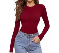 Aottori Maglia Basic Donna Cotone Maglietta Caldo Girocollo Manica Lunga Sottogiacca Elegante Termico Top Intima Elasticizzato Rosso Vino L