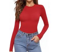 Aottori Maglia Basic Donna Cotone Maglietta Caldo Girocollo Manica Lunga Sottogiacca Elegante Termico Top Intima Elasticizzato Rosso S