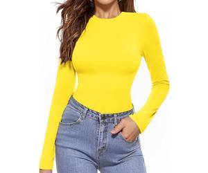 Aottori Maglia Basic Donna Cotone Maglietta Caldo Girocollo Manica Lunga Sottogiacca Elegante Termico Top Intima Elasticizzato Giallo S