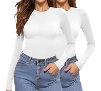Aottori Maglia Donna Girocollo Pacco da 2 Maglietta Manica Lunga Aderente Basic Top Elegante Intimo Traspirante Elasticizzato Termico Sottogiacca Bianco+Bianco XXL