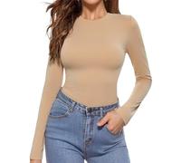 Aottori Maglia Donna Manica Lunga Cotone Magliette Termico Scollo Rotondo Sottogiacca Slim Fit Elasticizzato Top Intimo Autunno Invernale Cachi XXL