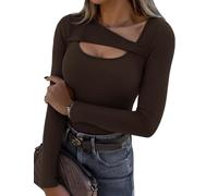 Aottori Maglia Donna Manica Lunga Scollo Asimmetrico Costine Slim Fit | Maglietta, Aderente, Basic Top, Elegante, T-Shirt, Elasticizzato, Tinta Unita, Casual
