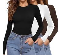 Aottori Maglia Donna Set Manica Lunga Cotone Magliette Termico Scollo Rotondo Sottogiacca Slim Fit Elasticizzato Top Intimo Autunno Invernale Nero+Bianco+Marrone XL