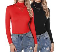 Aottori Maglia Termico Donna Confezione da 2 Cotone Maglietta Collo Alto Lupetto Caldo Manica Lunga Dolcevita Aderente Sottogiacca Invernale Basic Top Elegante Nero+Rosso XS