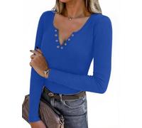 Aottori Maglietta Donna Manica Lunga con Bottoni Maglia Scollo a V Aderente Sexy Shirt Costine Basic Tops Slim Fit Casual Party Blu Reale L