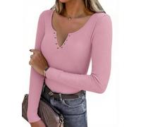 Aottori Maglietta Donna Manica Lunga con Bottoni Maglia Scollo a V Aderente Sexy Shirt Costine Basic Tops Slim Fit Casual Party Rosa L